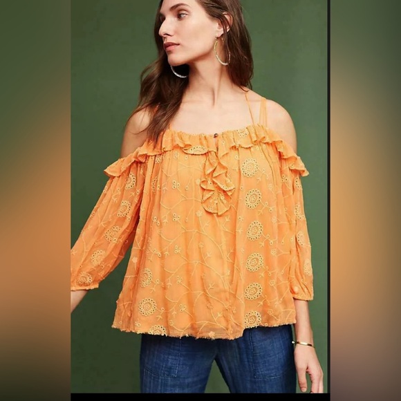 Anthropologie Floreat Flowy Lightweight Frayed Blouse Top‎ in Orange Size Medium - Picture 1 of 9